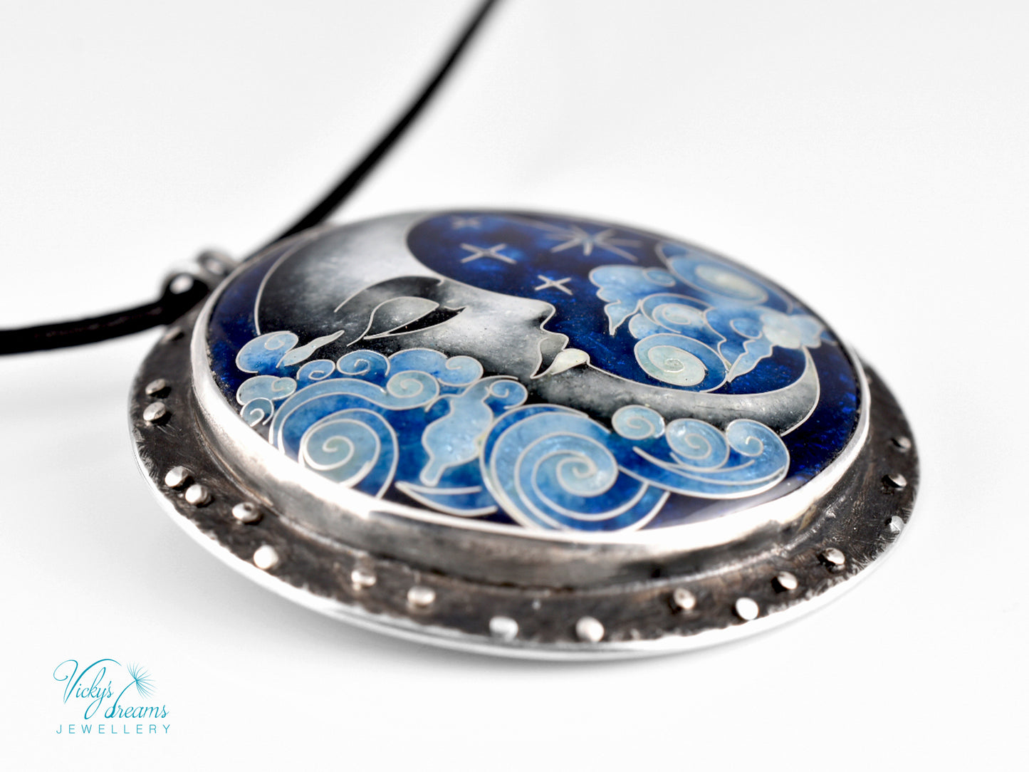 Moon and Stars Cloisonné Enamel Pendant - Handmade Sterling Silver Jewelry
