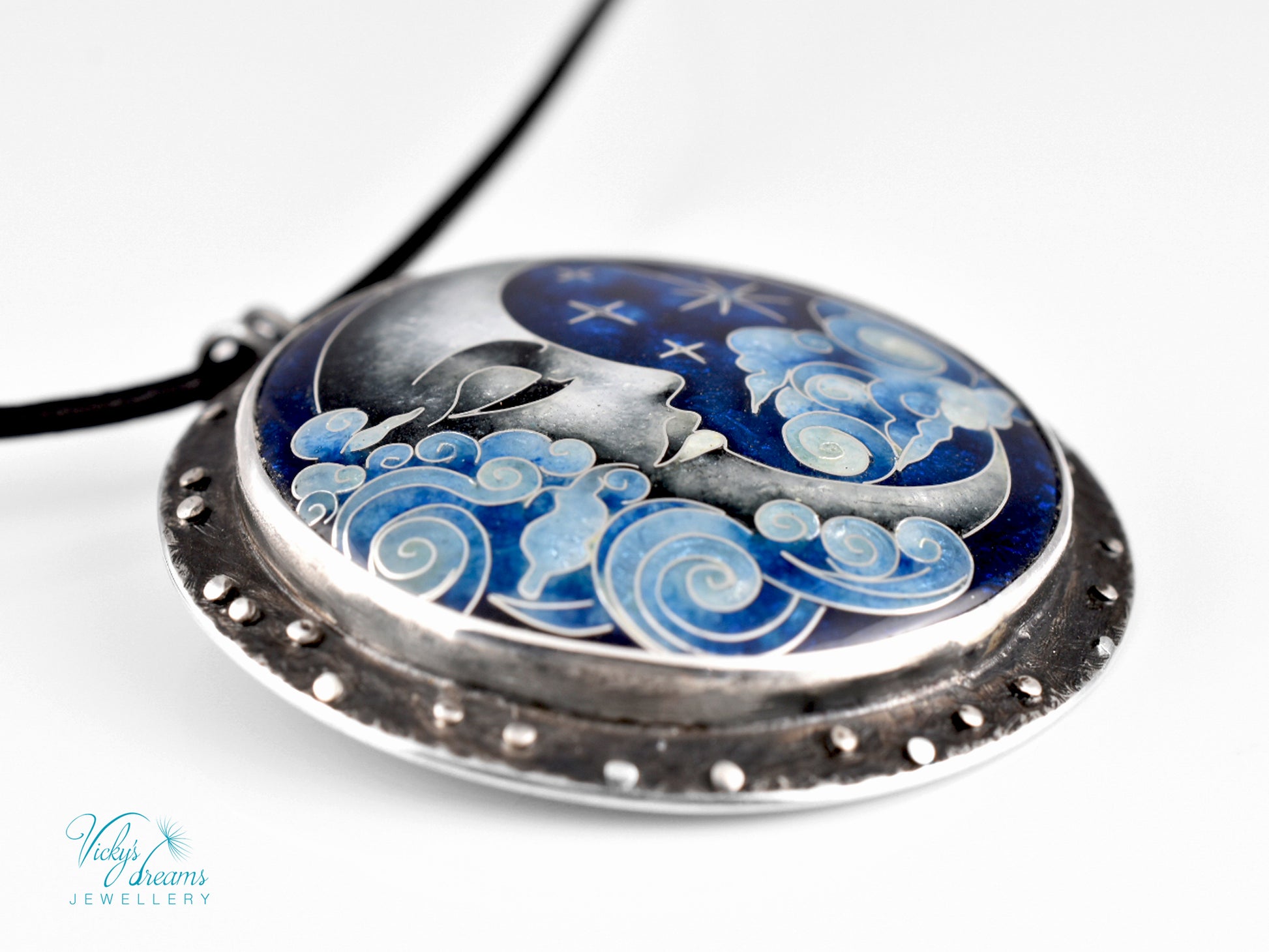 Moon and Stars Cloisonné Enamel Pendant - Handmade Sterling Silver Jewelry