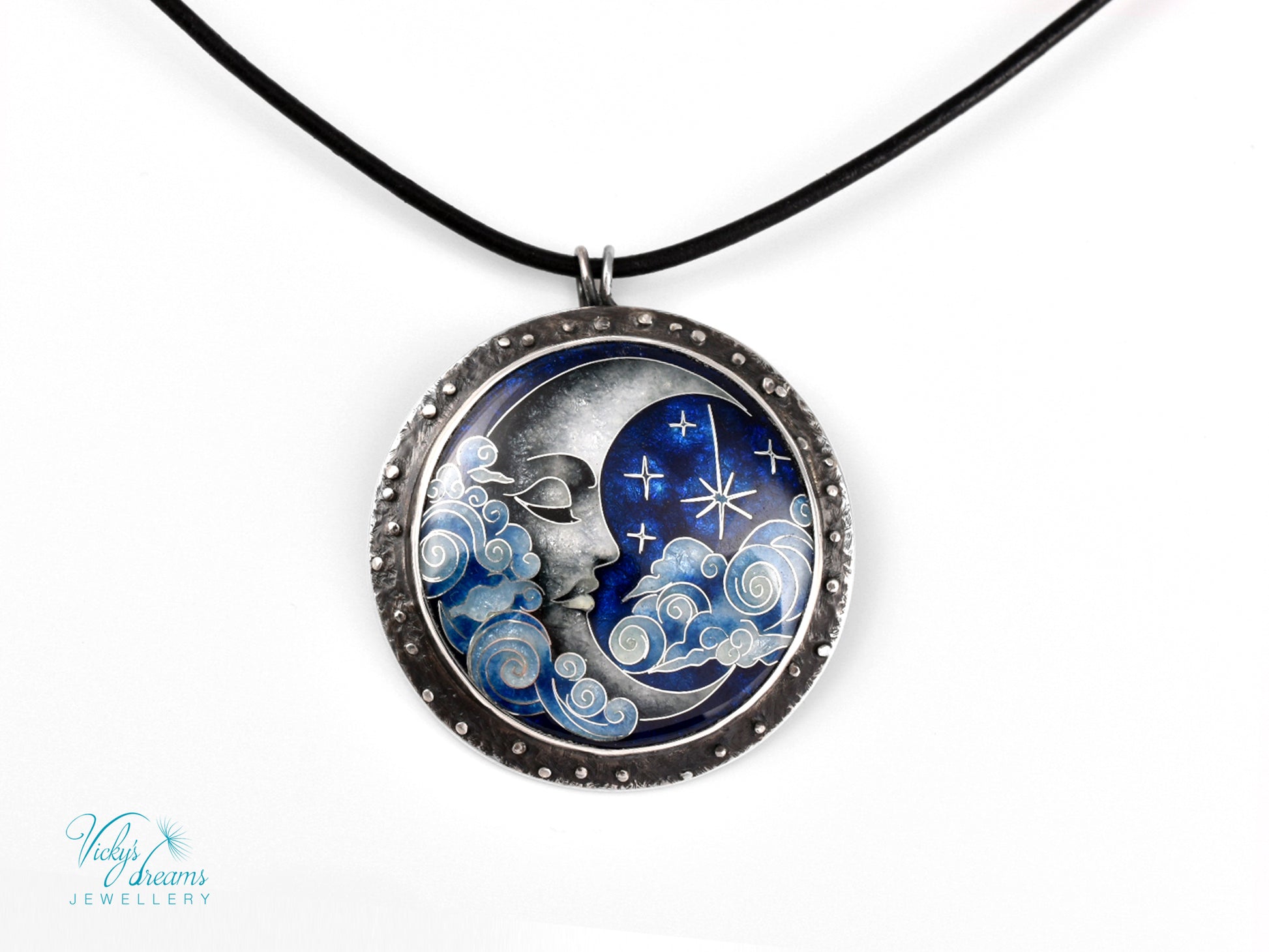 Moon and Stars Cloisonné Enamel Pendant - Handmade Sterling Silver Jewelry