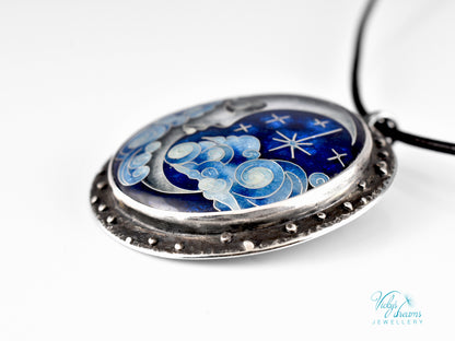 Moon and Stars Cloisonné Enamel Pendant - Handmade Sterling Silver Jewelry