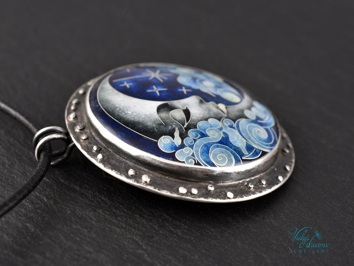 Moon and Stars Cloisonné Enamel Pendant - Handmade Sterling Silver Jewelry