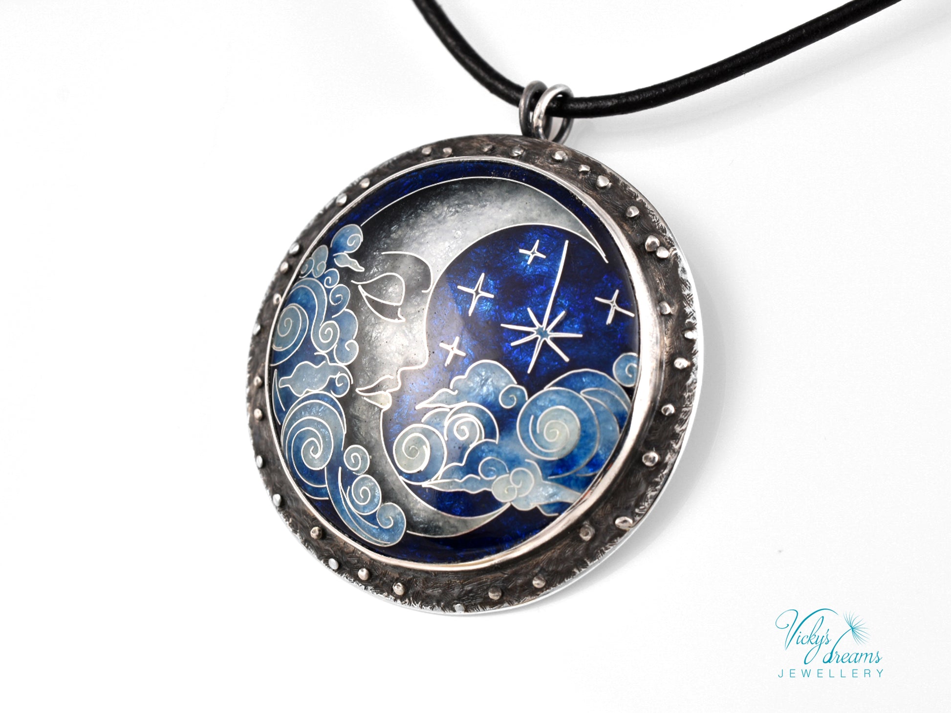 Moon and Stars Cloisonné Enamel Pendant - Handmade Sterling Silver Jewelry