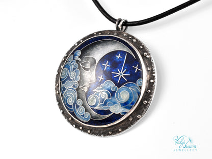 Moon and Stars Cloisonné Enamel Pendant - Handmade Sterling Silver Jewelry
