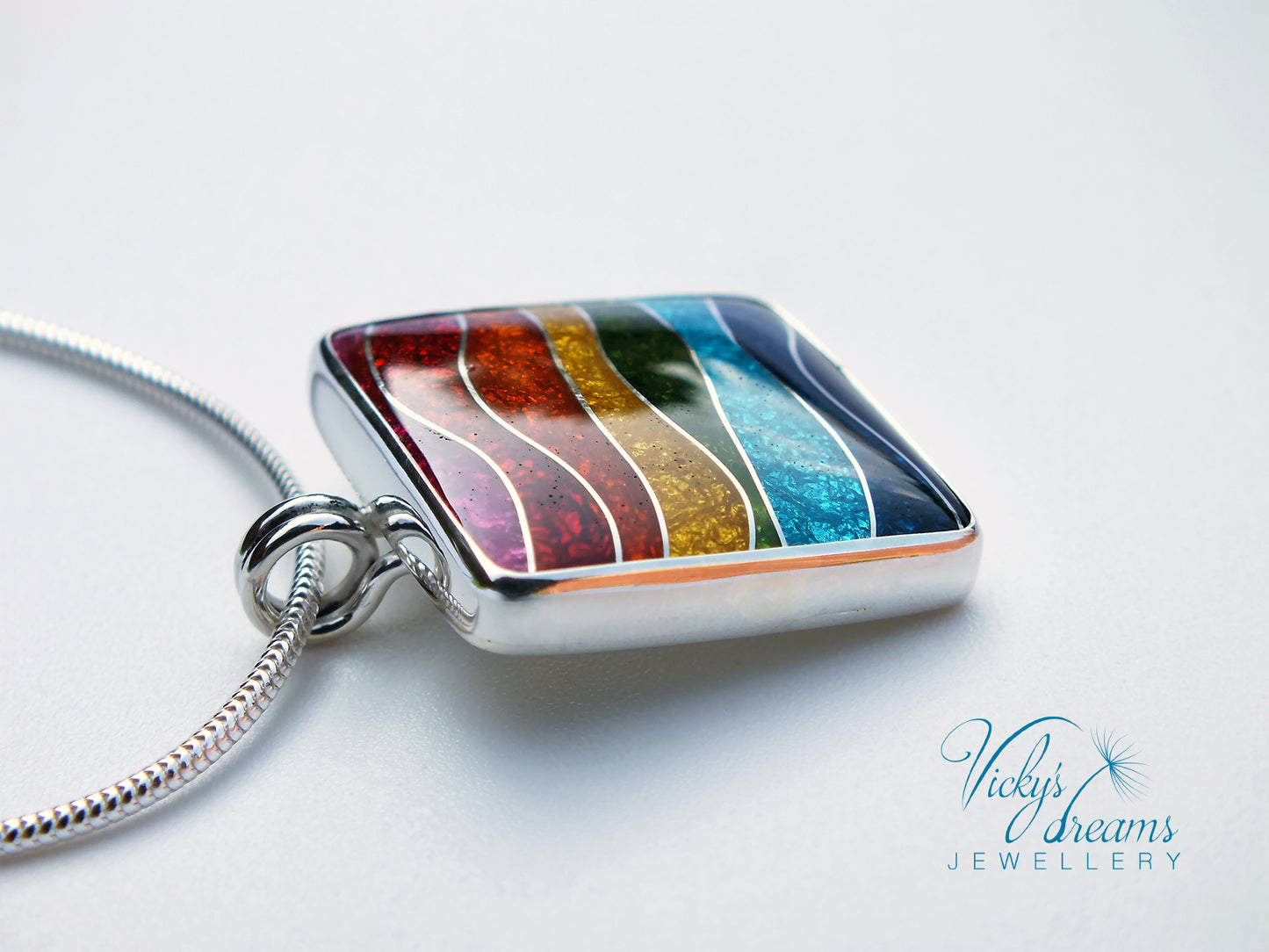 Vibrant color rainbow, sterling silver necklace, cloisonne enameled jewelry