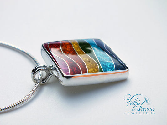 Vibrant color rainbow, sterling silver necklace, cloisonne enameled jewelry