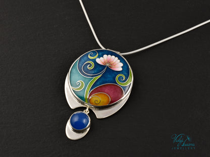 Boho flower Handmade Cloisonné Enamel Necklace – Vibrant Floral Design with Sterling Silver and Blue Agate