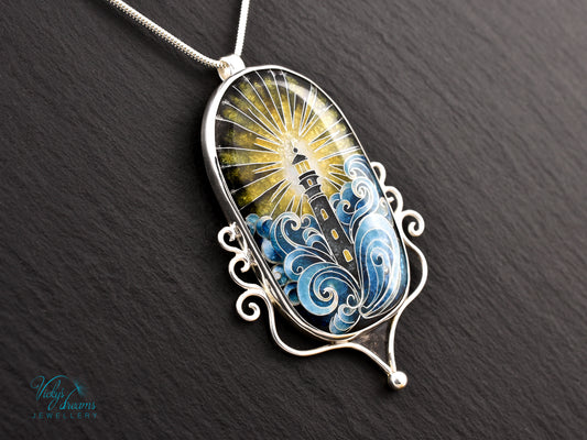 Handmade Cloisonné Enamel Pendant – Lighthouse in Ocean Waves – Symbolic Guiding Light Necklace