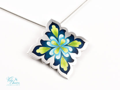 Vibrant Flower Mandala Necklace – Champlevé Enamel in Fine Silver