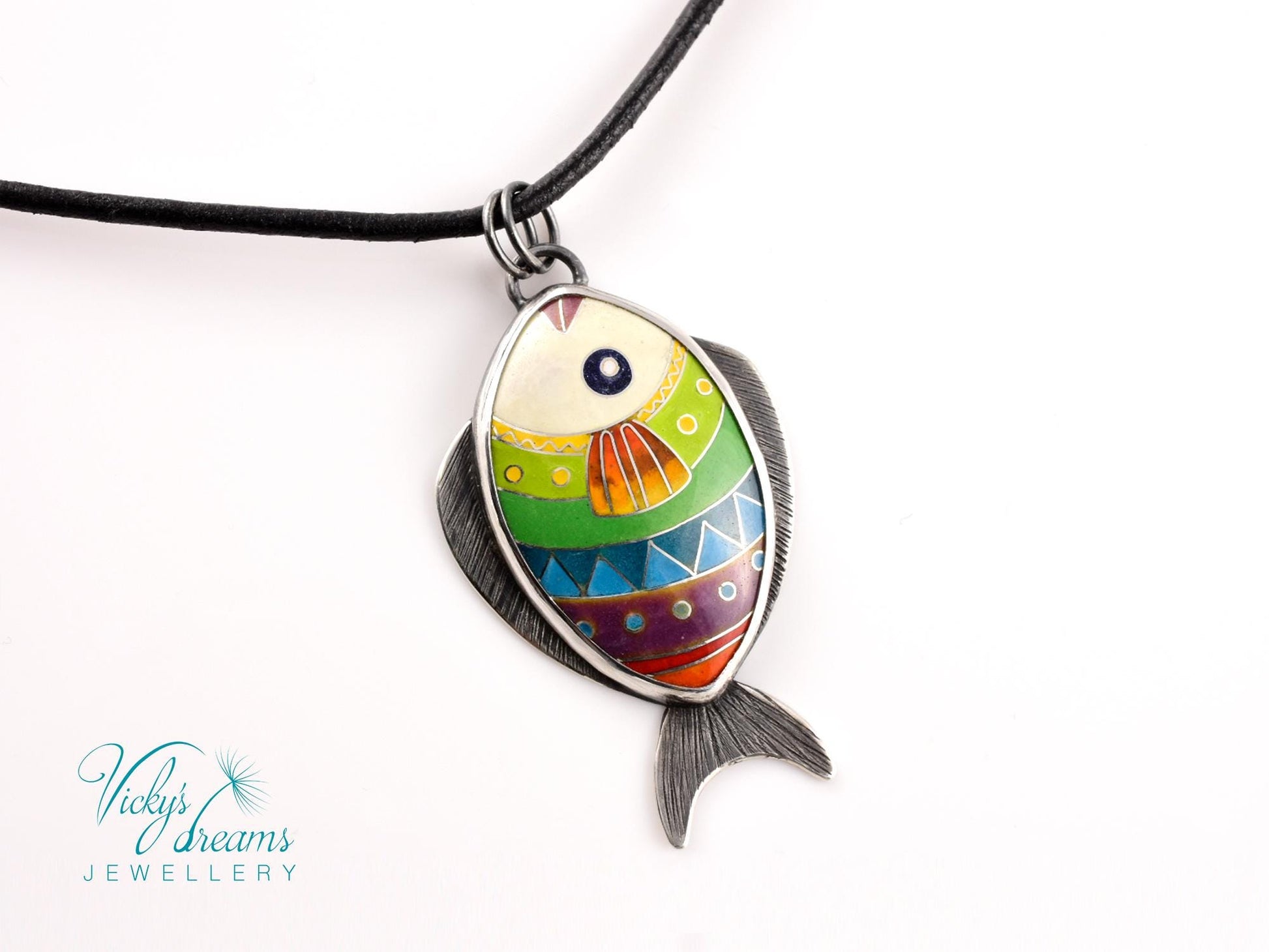 Hand-painted cloisonné enamel fish pendant in vibrant colors, set in sterling silver