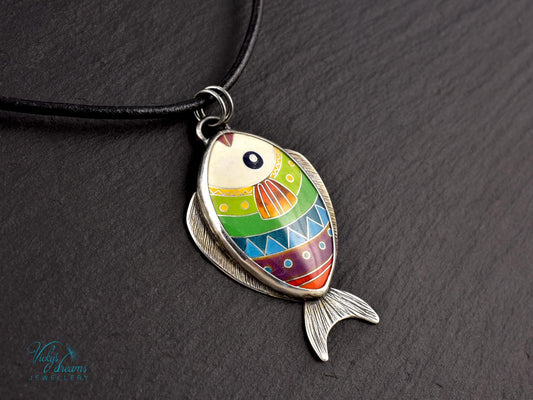 Hand-painted cloisonné enamel fish pendant in vibrant colors, set in sterling silver