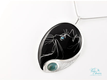 Handmade Cloisonné Cat Pendant: Sterling Silver, Apatite Stone Amulet