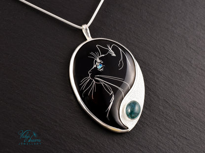 Handmade Cloisonné Cat Pendant: Sterling Silver, Apatite Stone Amulet