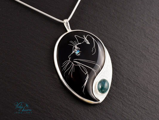 Handmade Cloisonné Cat Pendant: Sterling Silver, Apatite Stone Amulet