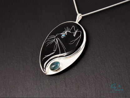 Handmade Cloisonné Cat Pendant: Sterling Silver, Apatite Stone Amulet