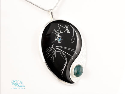 Handmade Cloisonné Cat Pendant: Sterling Silver, Apatite Stone Amulet