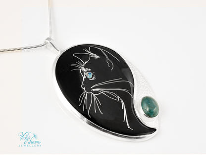 Handmade Cloisonné Cat Pendant: Sterling Silver, Apatite Stone Amulet