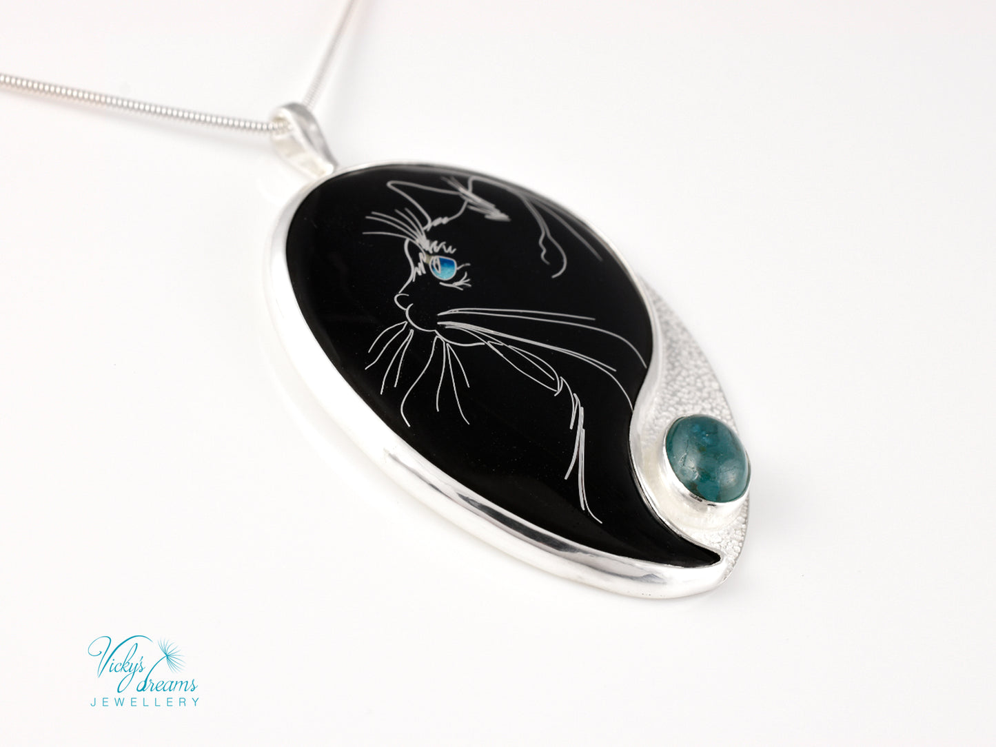Handmade Cloisonné Cat Pendant: Sterling Silver, Apatite Stone Amulet