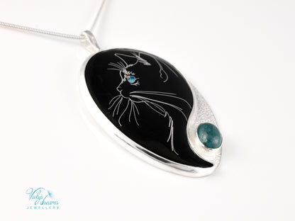 Handmade Cloisonné Cat Pendant: Sterling Silver, Apatite Stone Amulet