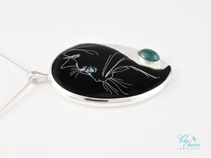 Handmade Cloisonné Cat Pendant: Sterling Silver, Apatite Stone Amulet