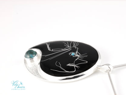 Handmade Cloisonné Cat Pendant: Sterling Silver, Apatite Stone Amulet