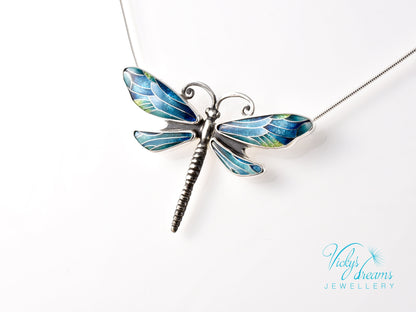 Handmade cloisonné enamel dragonfly necklace on sterling silver Artistic dragonfly pendant with colorful enamel and silver frame