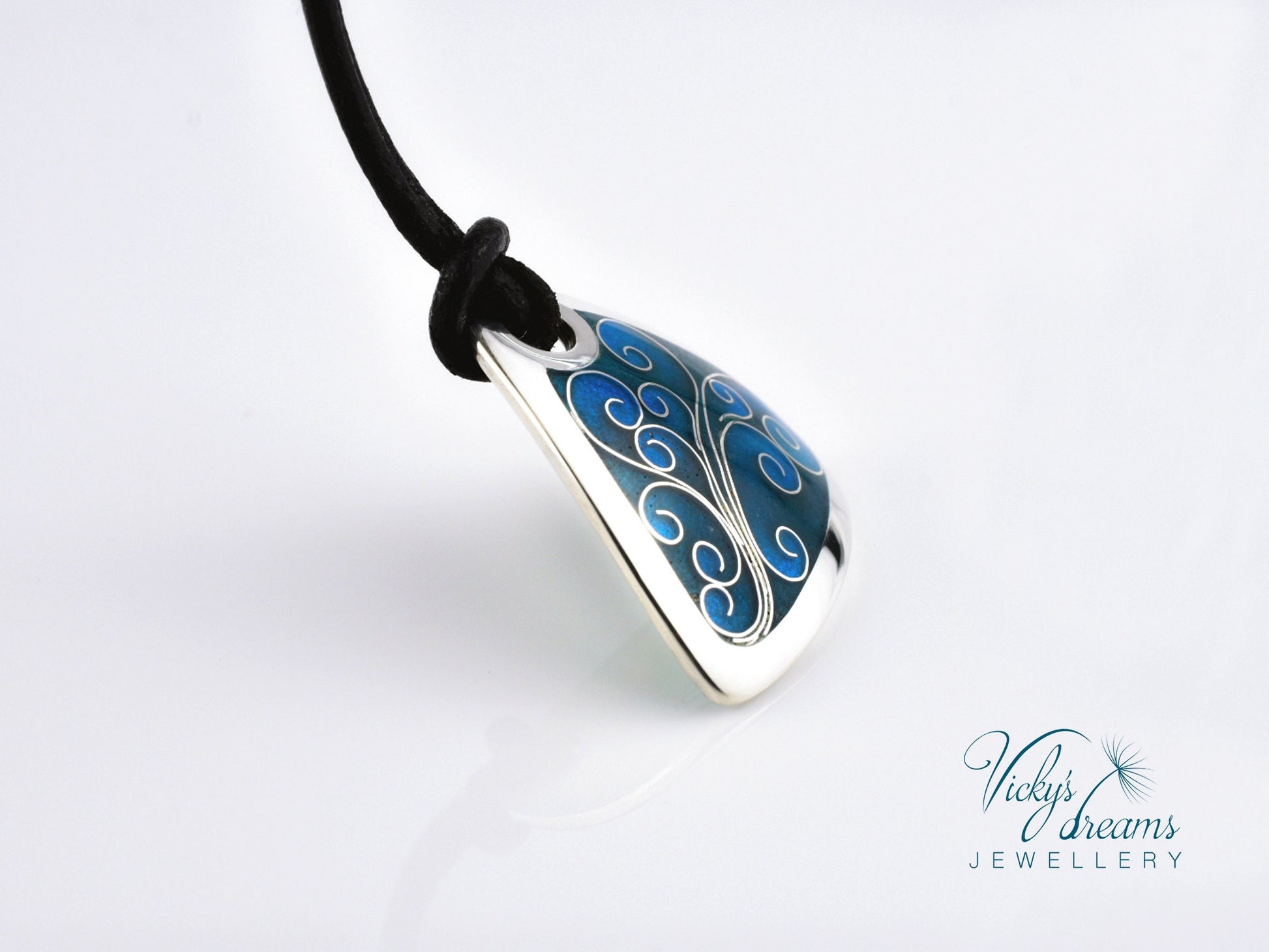 Flower Tendrills Blue Triangle Cloisonné Enamel Pendant - Handmade Sterling Silver Jewelry