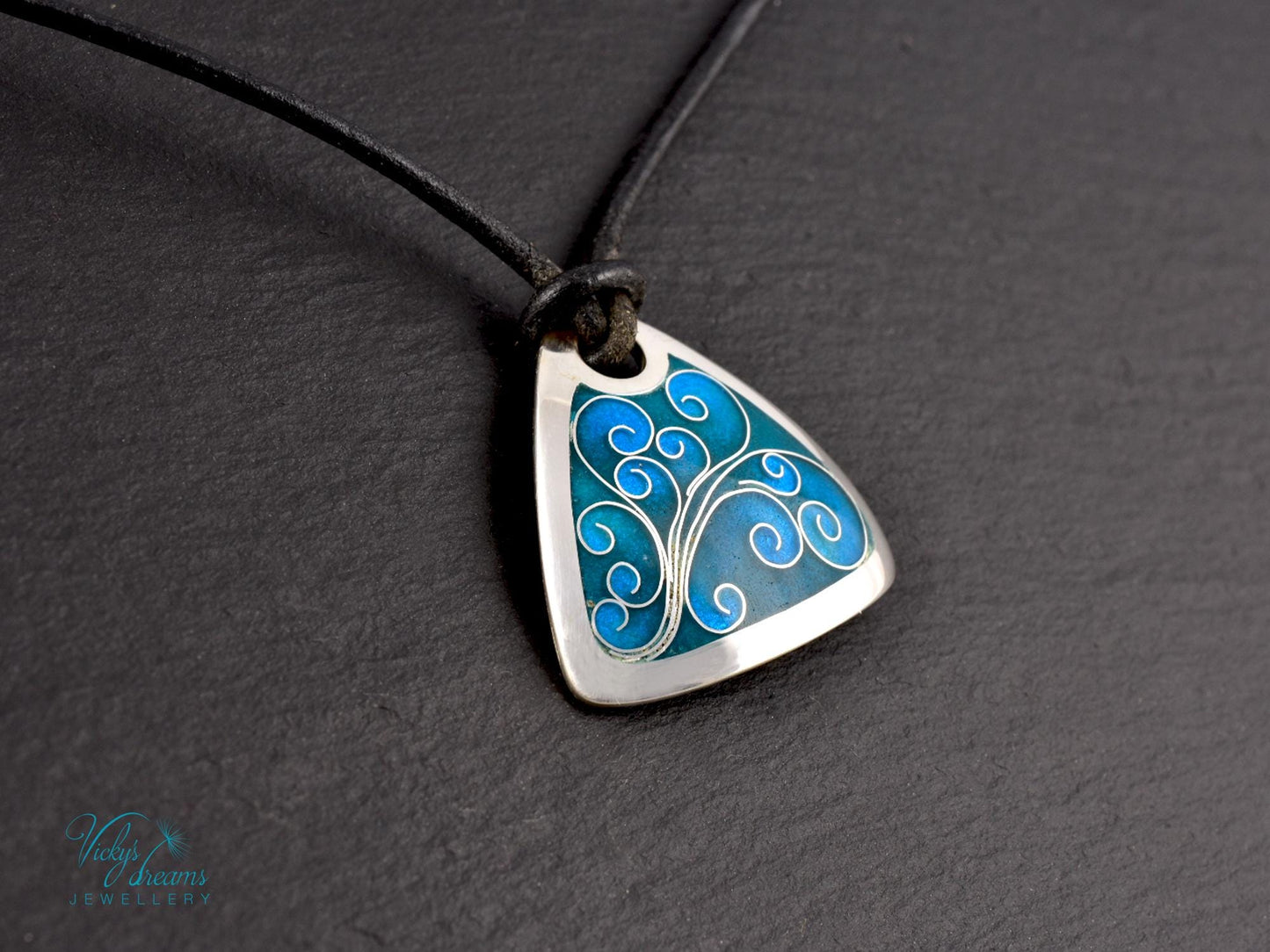 Flower Tendrills Blue Triangle Cloisonné Enamel Pendant - Handmade Sterling Silver Jewelry