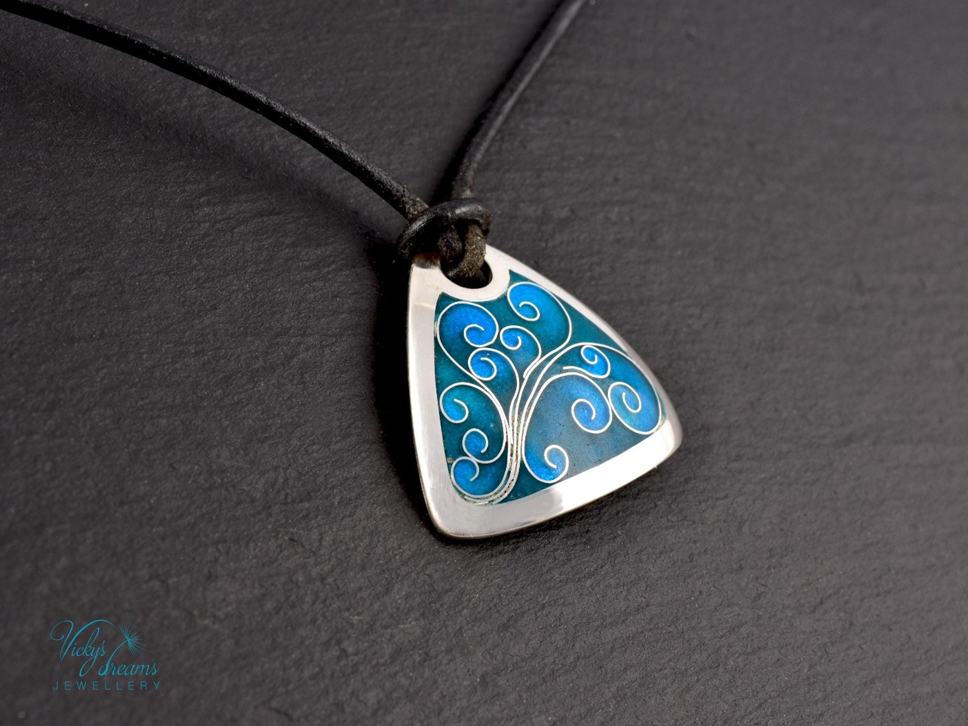 Flower Tendrills Blue Triangle Cloisonné Enamel Pendant - Handmade Sterling Silver Jewelry
