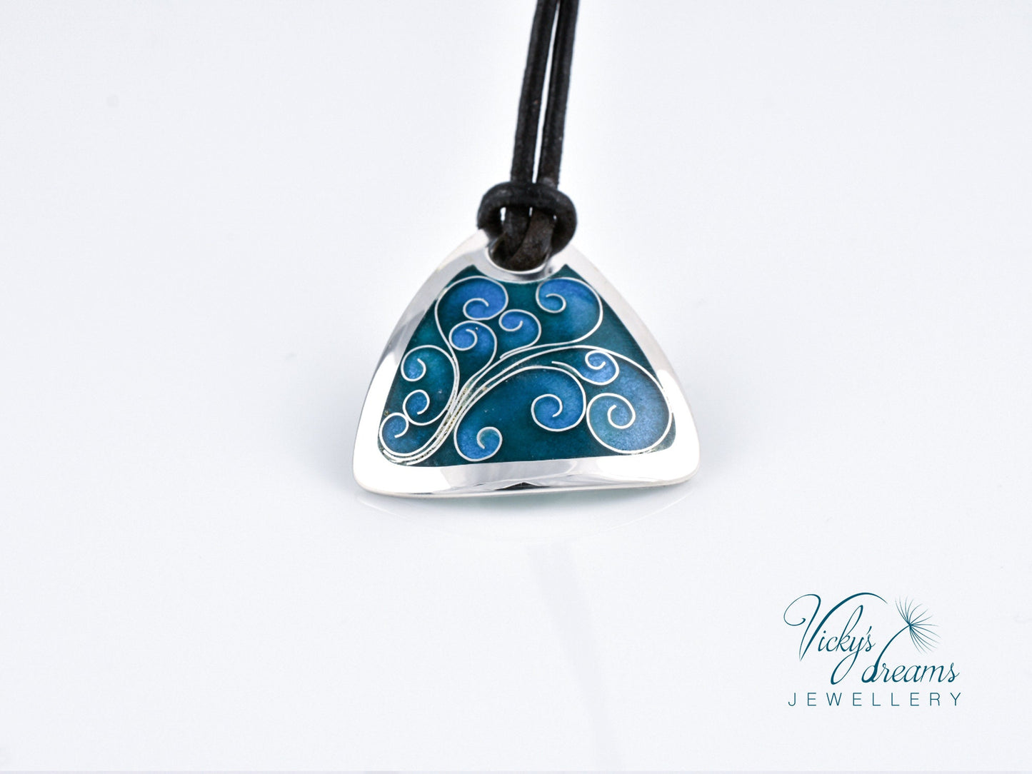 Flower Tendrills Blue Triangle Cloisonné Enamel Pendant - Handmade Sterling Silver Jewelry