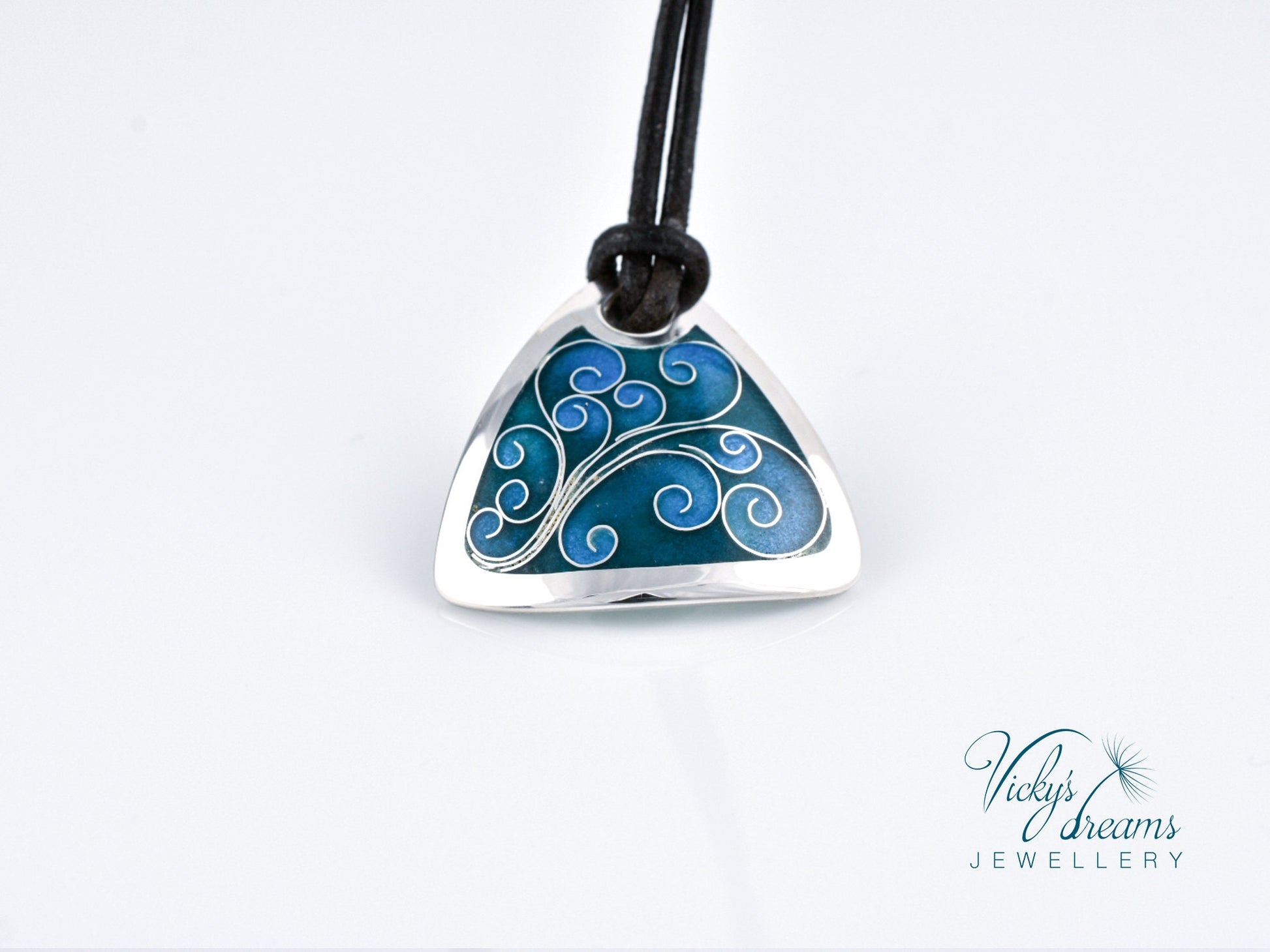 Flower Tendrills Blue Triangle Cloisonné Enamel Pendant - Handmade Sterling Silver Jewelry