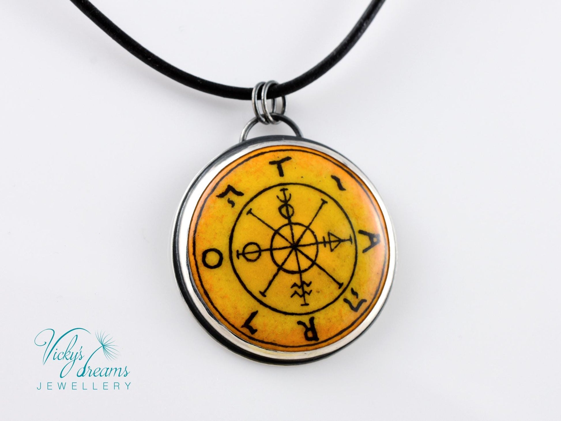 Hand-Painted Tarot Wheel Pendant – Sterling Silver Necklace with Mystical Symbolism

