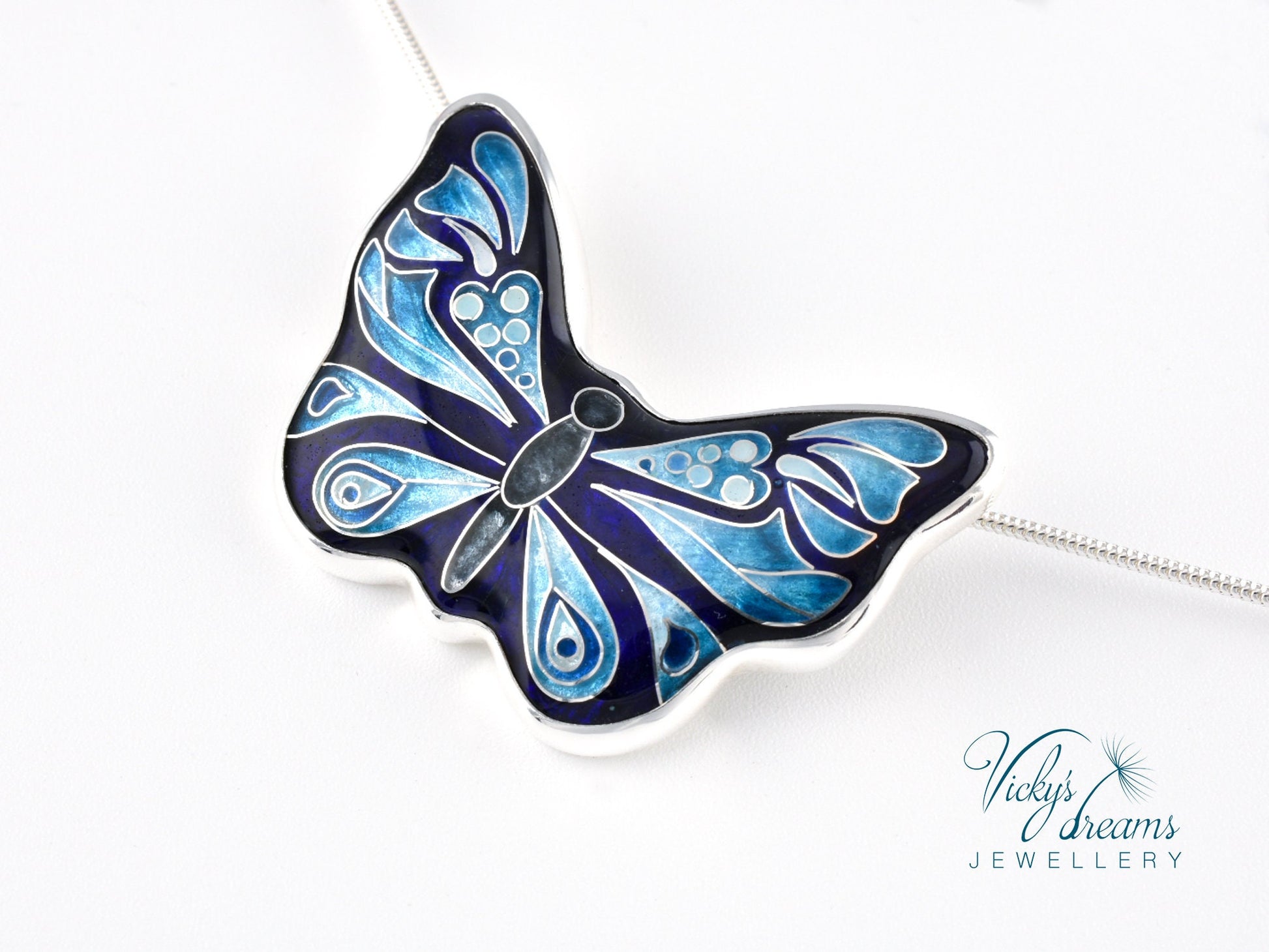 Handmade cloisonné butterfly pendant with antiqued sterling silver and red copper base
