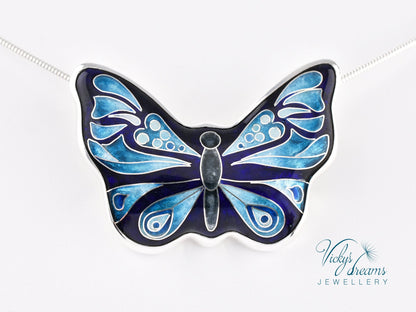 Handmade cloisonné butterfly pendant with antiqued sterling silver and red copper base