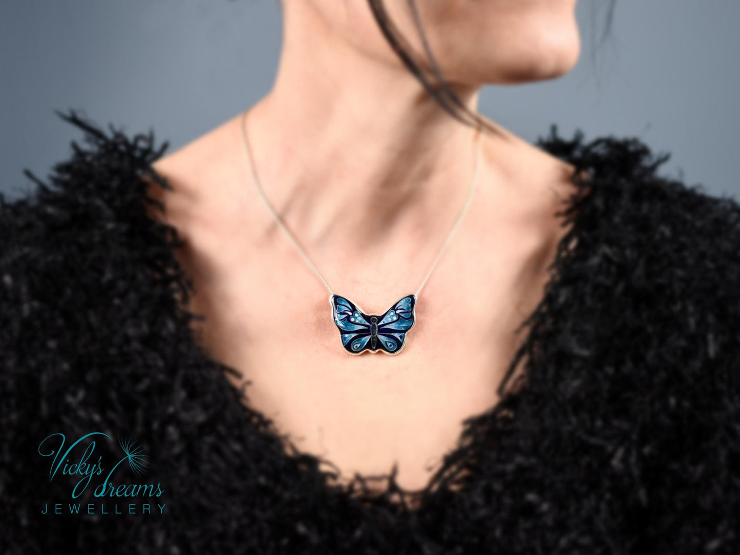 Handmade cloisonné butterfly pendant with antiqued sterling silver and red copper base