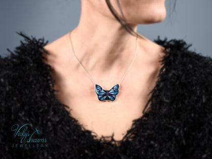 Handmade cloisonné butterfly pendant with antiqued sterling silver and red copper base