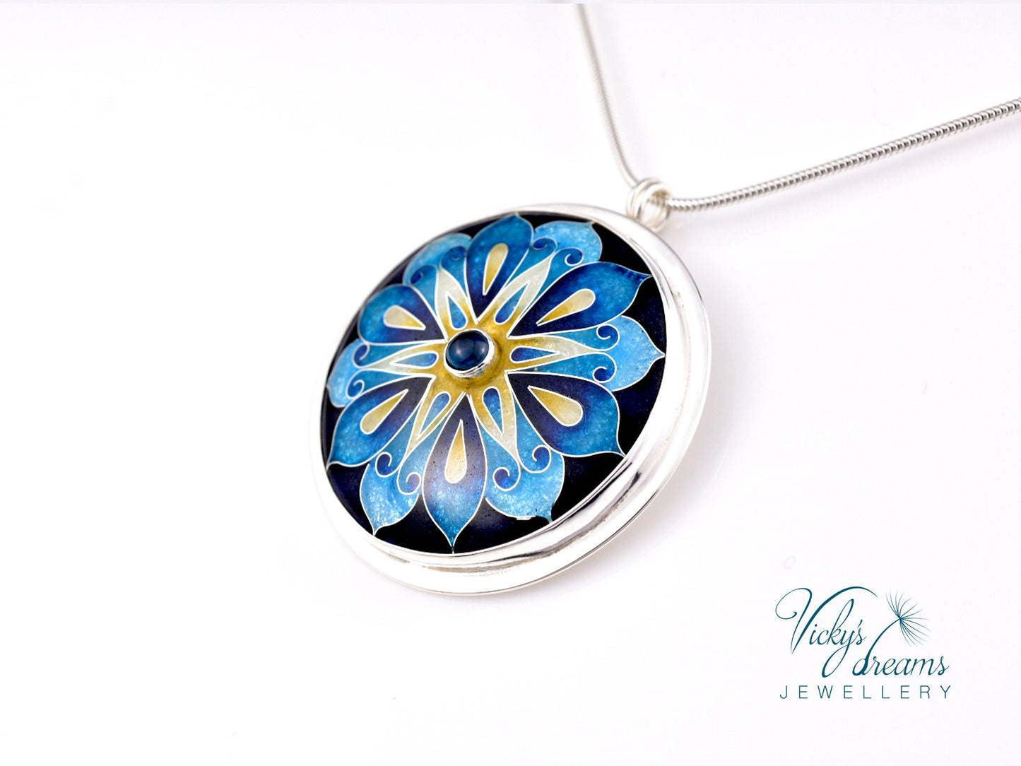 Vibrant Mandala Cloisonné Enameled Sterling Silver Pendant Necklace