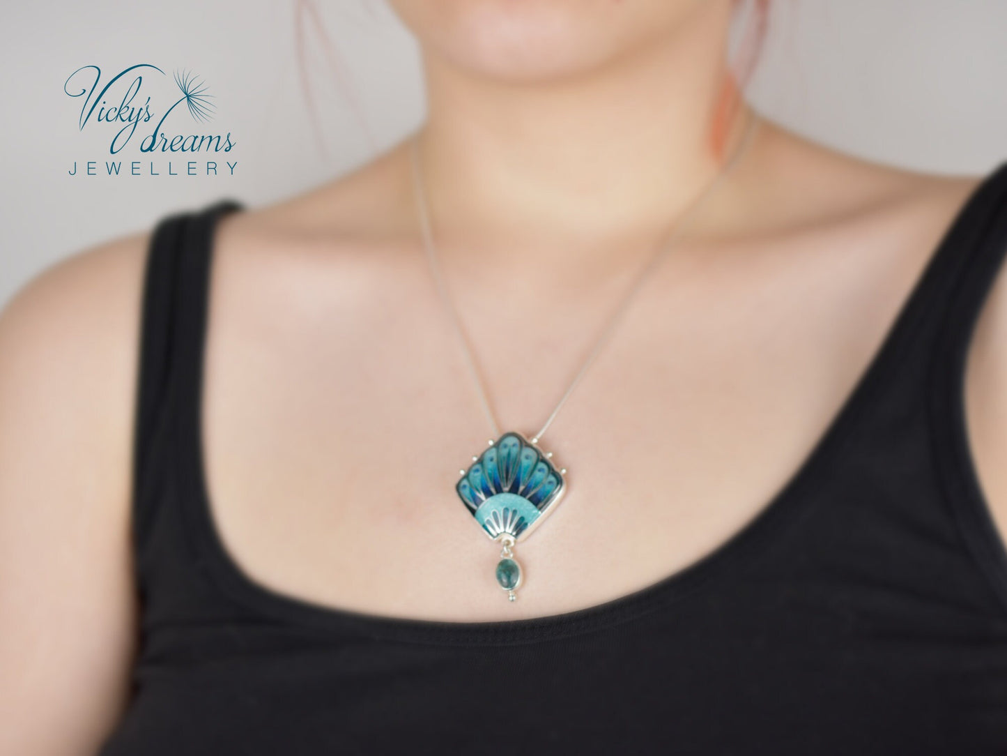 Unique Turquoise Fan Pendant Cloisonne Sterling Silver Art Jewelry Handmade