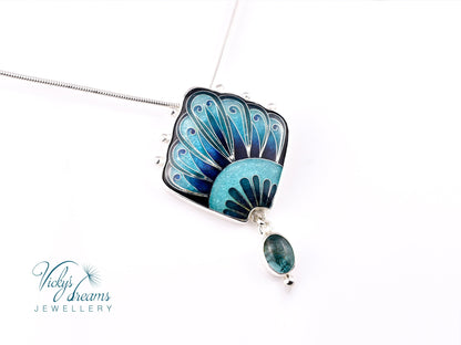 Unique Turquoise Fan Pendant Cloisonne Sterling Silver Art Jewelry Handmade