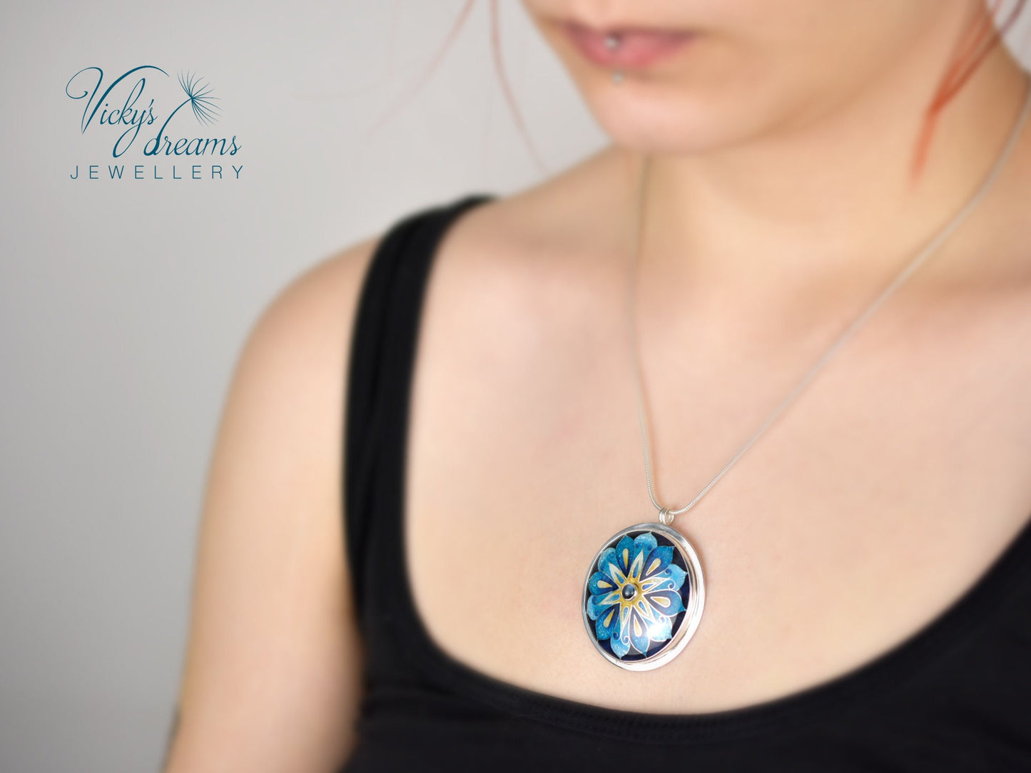 Vibrant Mandala Cloisonné Enameled Sterling Silver Pendant Necklace