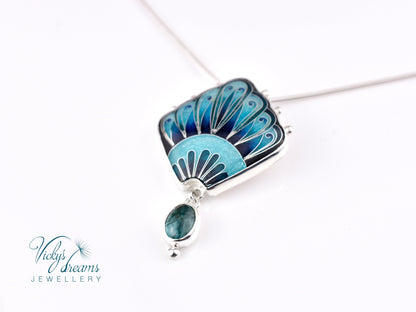 Unique Turquoise Fan Pendant Cloisonne Sterling Silver Art Jewelry Handmade