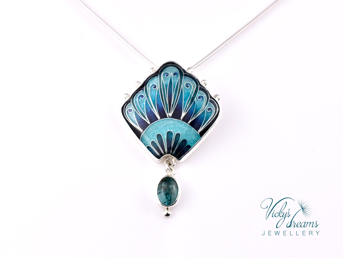 Unique Turquoise Fan Pendant Cloisonne Sterling Silver Art Jewelry Handmade
