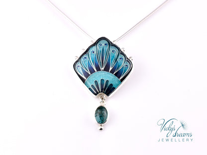 Unique Turquoise Fan Pendant Cloisonne Sterling Silver Art Jewelry Handmade
