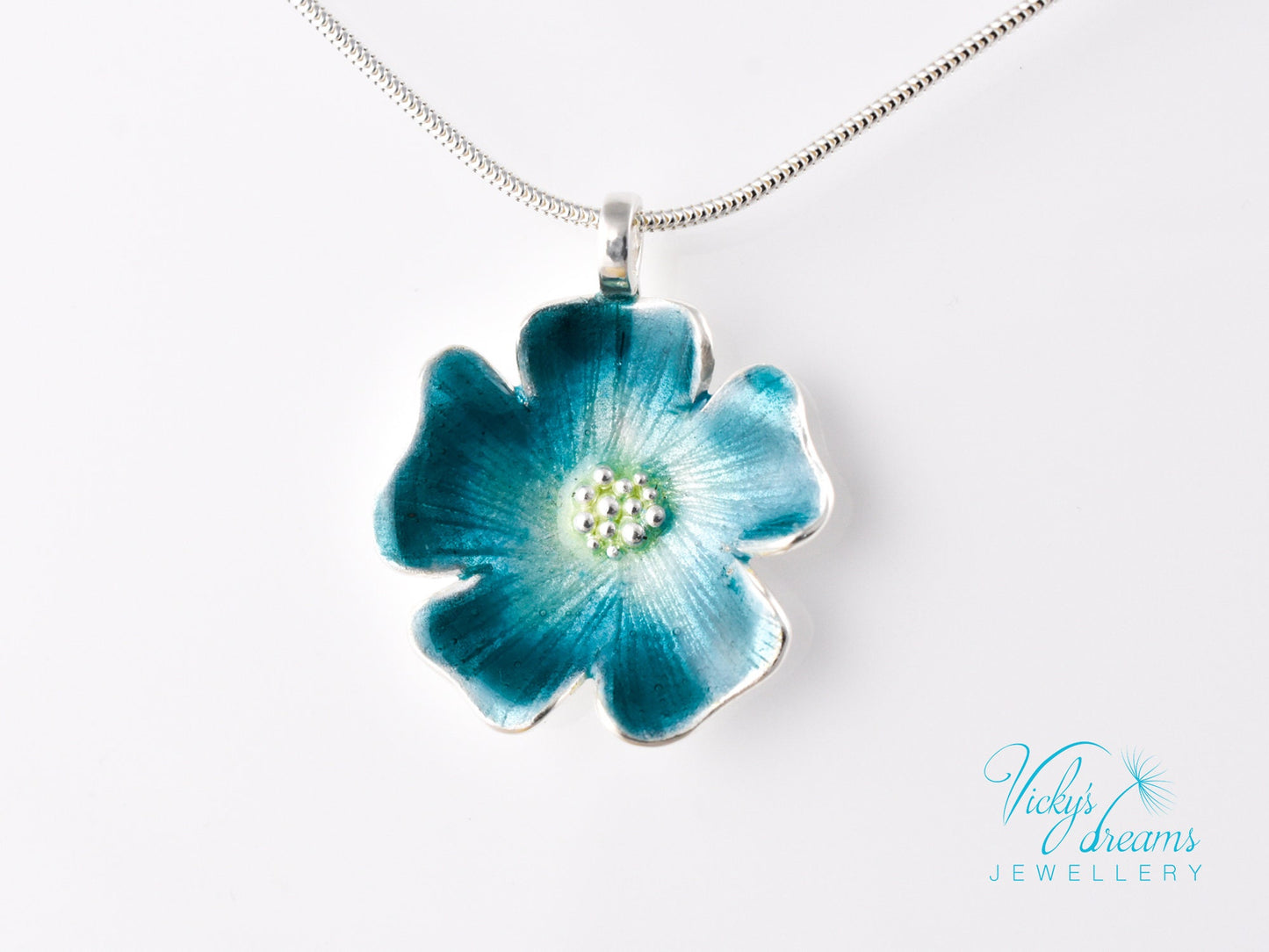 Vibrant Blue Flower Pendant in Sterling Silver with Handmade Enamel
