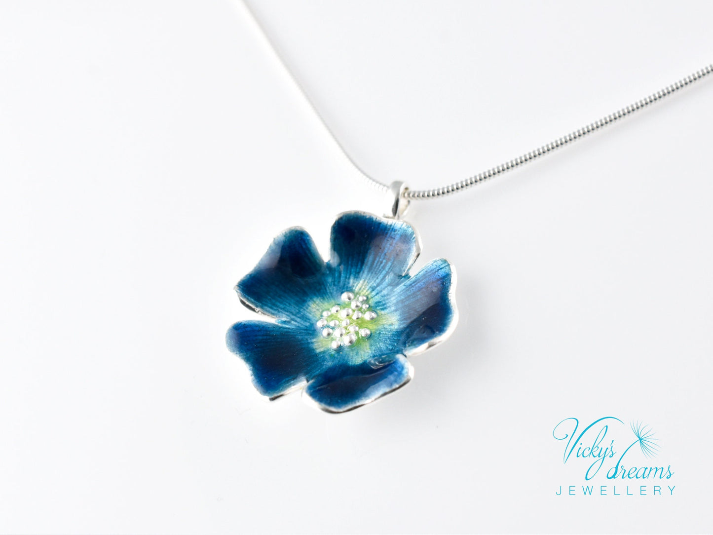 Bright blue flower, fine silver pendant, handmade enamel jewelry