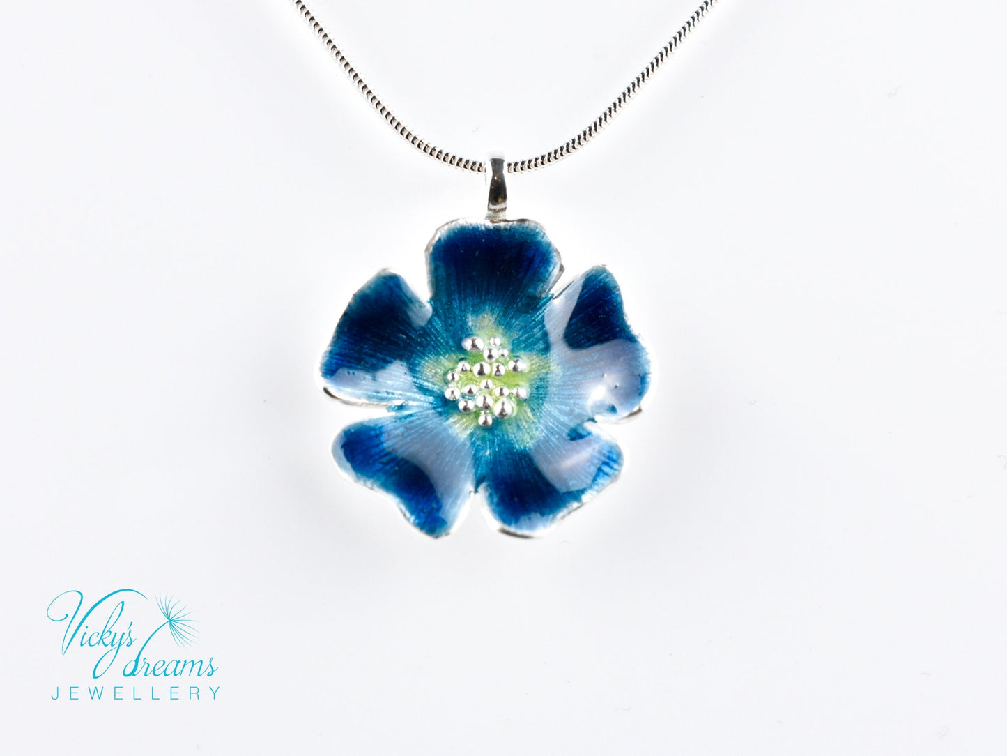 Bright blue flower, fine silver pendant, handmade enamel jewelry