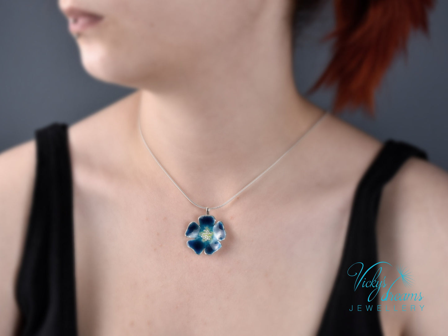 Bright blue flower, fine silver pendant, handmade enamel jewelry