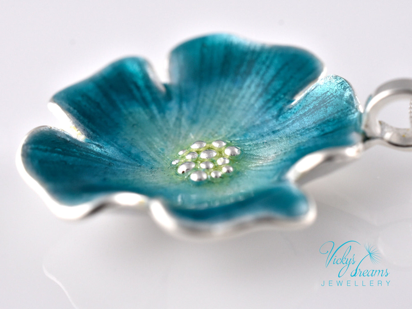 Vibrant Blue Flower Pendant in Sterling Silver with Handmade Enamel