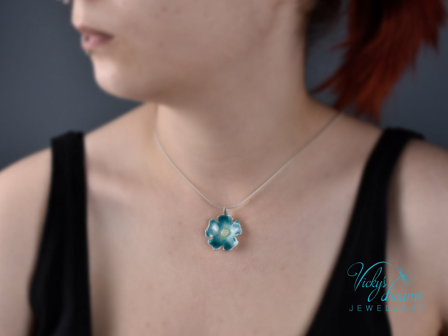 Vibrant Blue Flower Pendant in Sterling Silver with Handmade Enamel