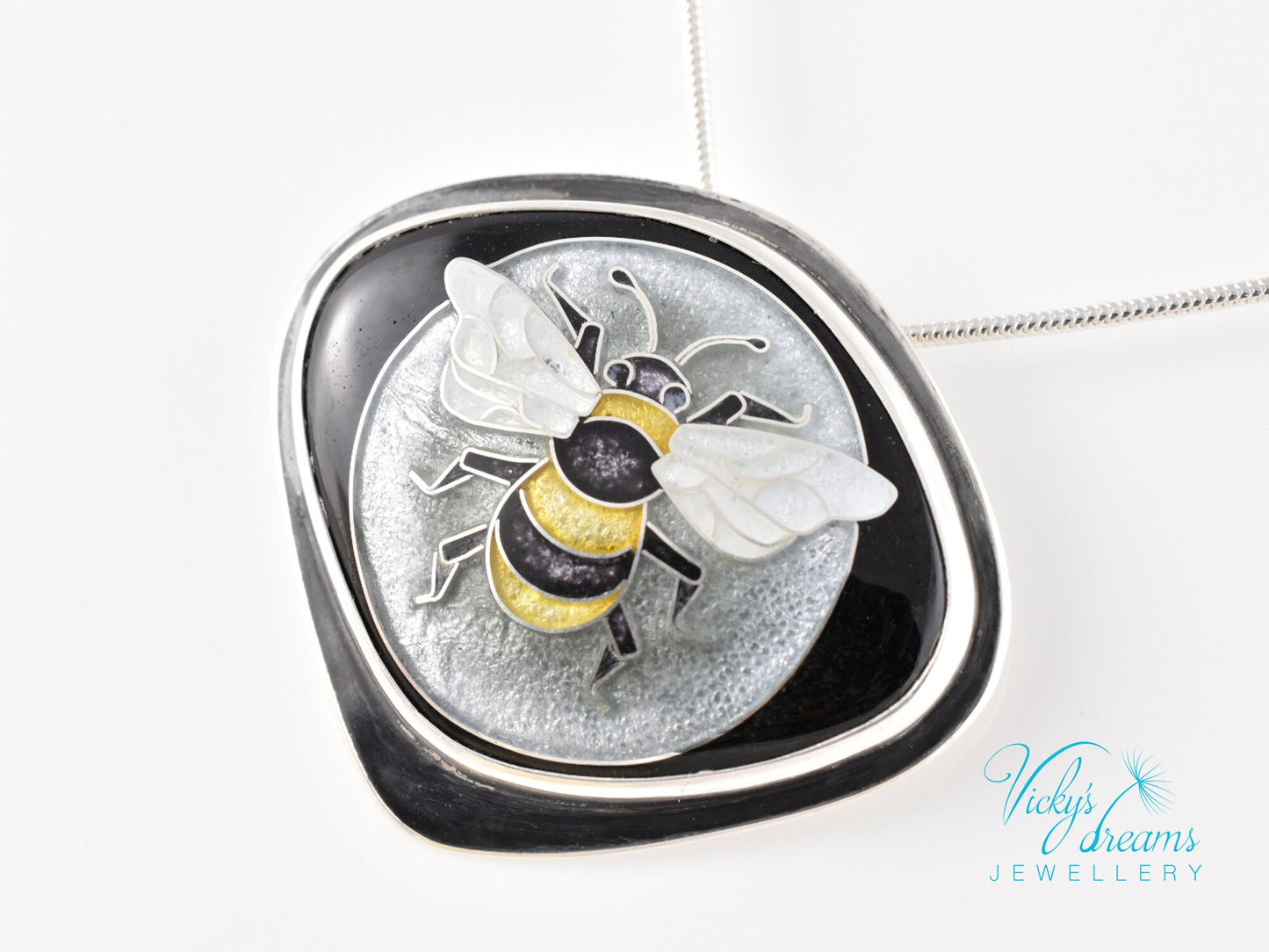 Honeybee Cloisonne Enamel Pendant Silver Necklace Sterling Jewelry Handmade Unique