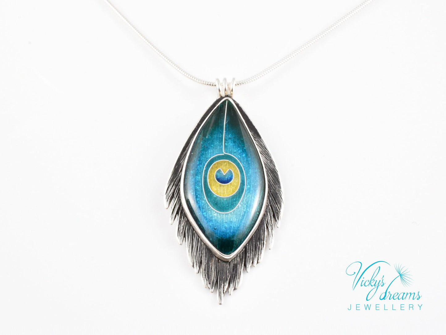 Vibrant Silver Cloisonne Enamel Pendant with Peacock Feather Design